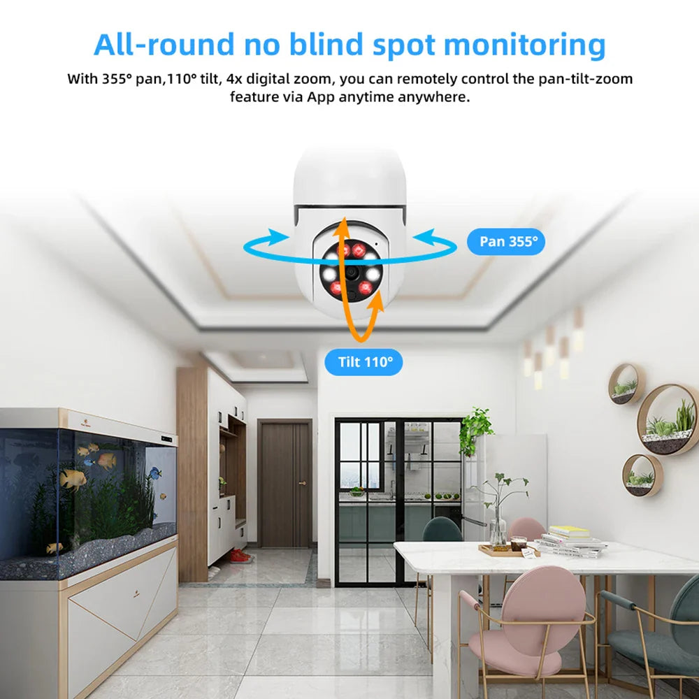 3MP WiFi E27 Bulb Camera with PTZ, 4X Digital Zoom, AI Motion Detection & Full Color Night Vision