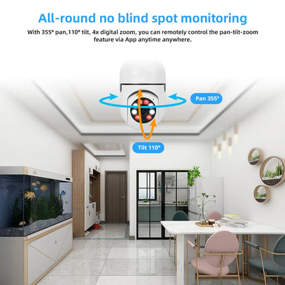 3MP WiFi E27 Bulb Camera with PTZ, 4X Digital Zoom, AI Motion Detection & Full Color Night Vision