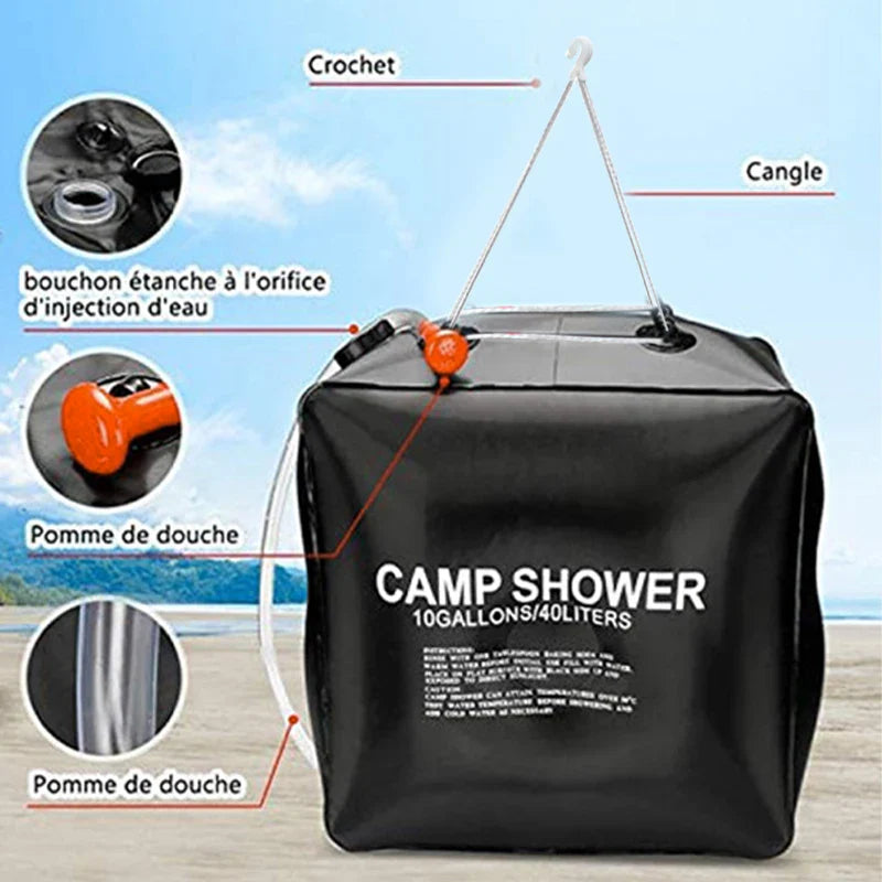 40L Solar Power Camping Shower Bag: Fast Heating Shower Head - Water Storage Bag for Camping, Fishing, Hiking, Bathing