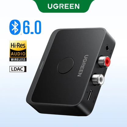 UGREEN AUX Bluetooth Receiver LDAC AAC – Hi-Fi 3.5mm Jack to 2RCA Audio Adapter with Bluetooth 6.0, 15h Playtime for Car Speaker & PC