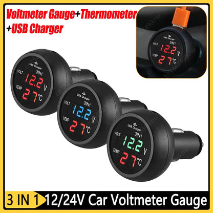 3-in-1 Car Charger & Voltmeter – 12/24V USB Charger with Thermometer, LED Digital Display & Current/Volt Detector