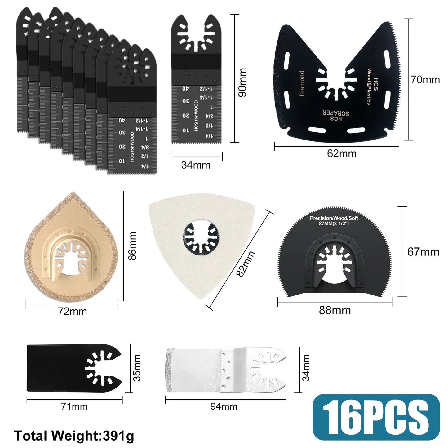 Tooth Oscillating Saw Blade Kit - 10-39PCS Carbide Multitool Blades for Wood PVC & Metal Cutting