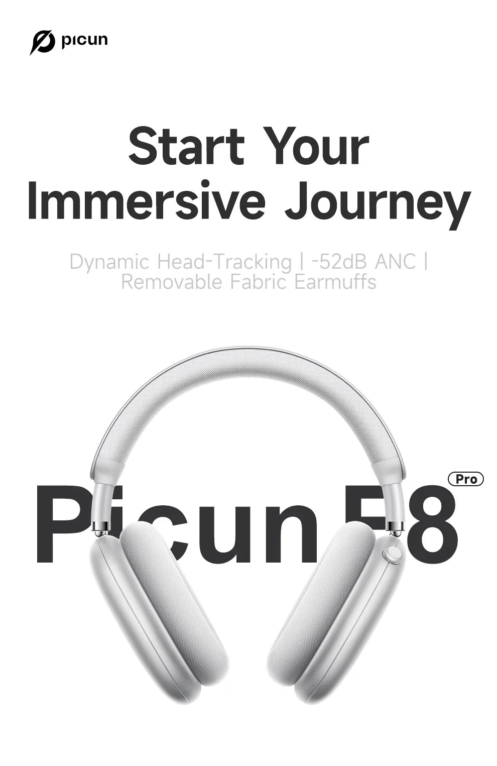 Picun F8 Pro ANC Wireless Headphones — Head Tracking 3D Audio, HIFI Bluetooth, ENC Mic, Low-Latency with App