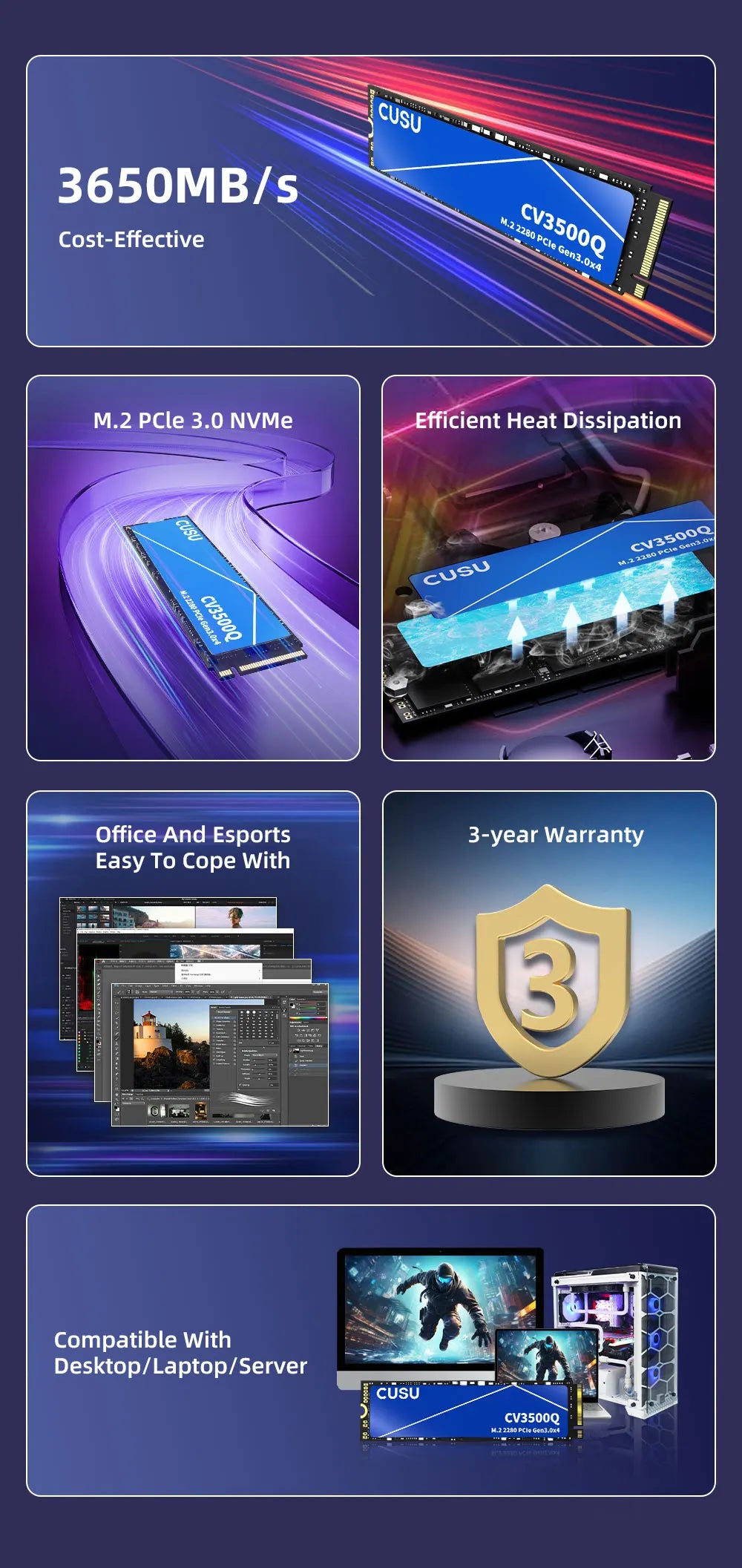 CUSU M.2 NVMe SSD – 256GB/512GB/1TB/2TB PCIe 3.0 x4 Internal Solid State Drive