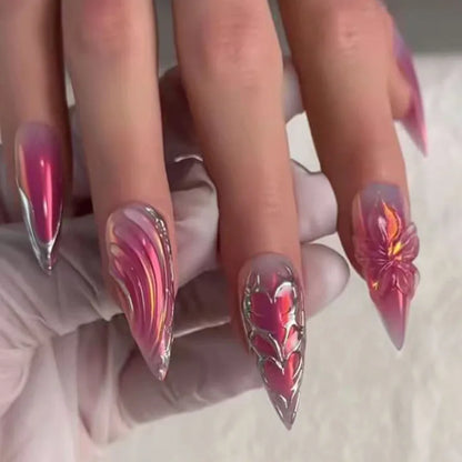 24PCS Strawberry Bow Press On Nails - Red Short Almond Pearl Starlight Floral False Nail Art Tips