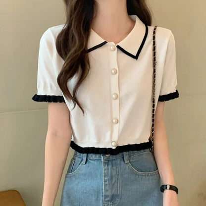 Women’s Summer Knitted Blouse — Chic Retro Slim Short Sleeve Crop Top, All-Match Style