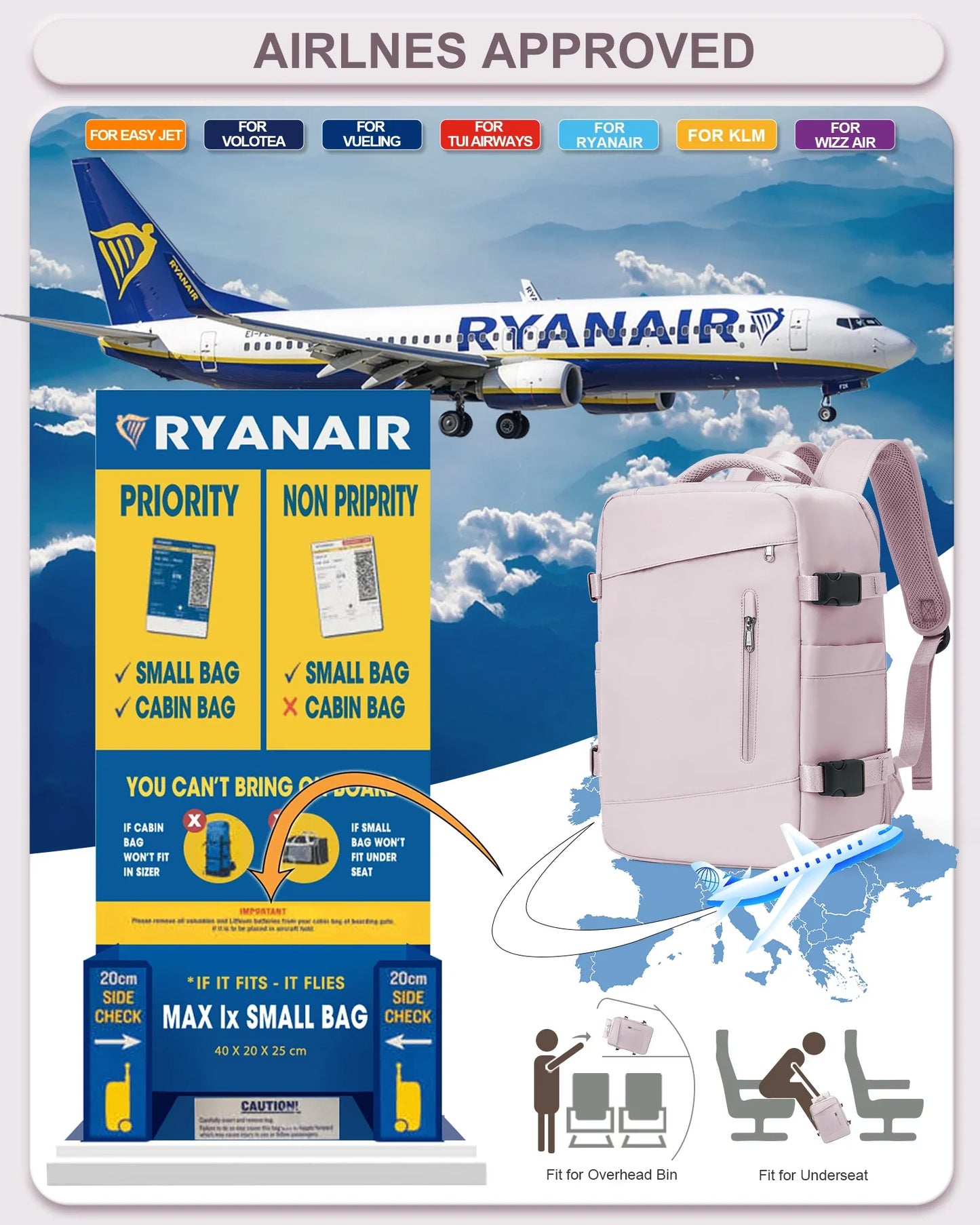 Women’s & Men’s Travel Backpack – Cabin Bag 40x20x25cm for Ryanair, Wizzair & Airplane Carry-On