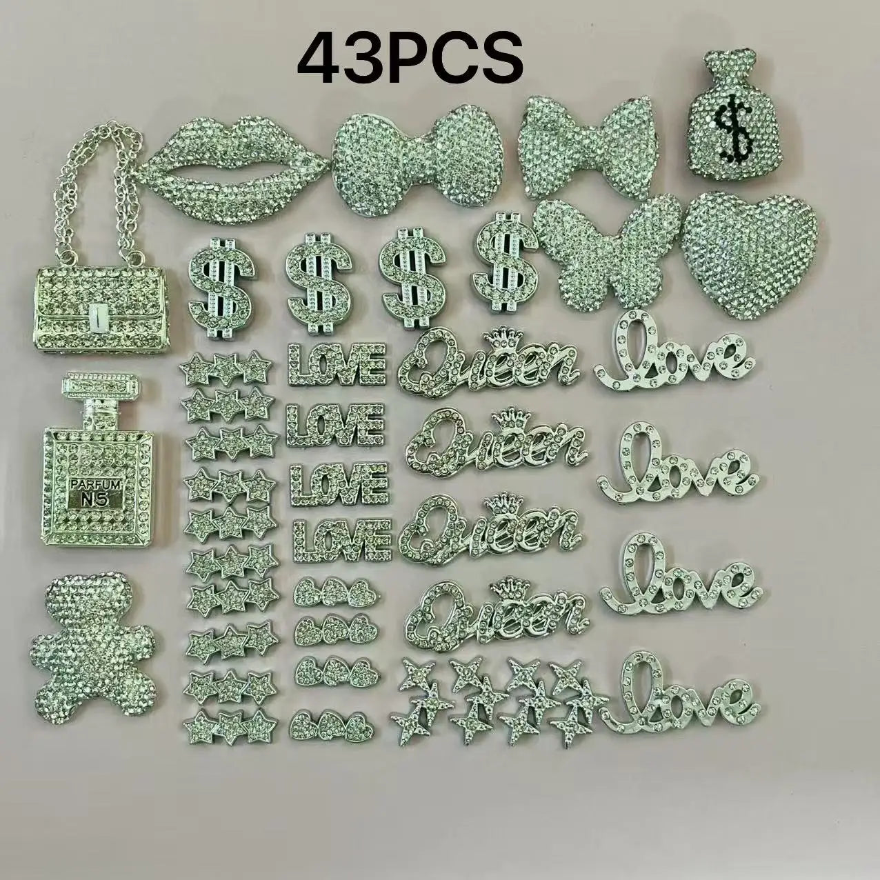 43PCS Luxury Charm Set — Diamond Bow, Perfume Bottle, Butterfly & Lip Decorations for Phone Case, Purse, and DIY Crafts