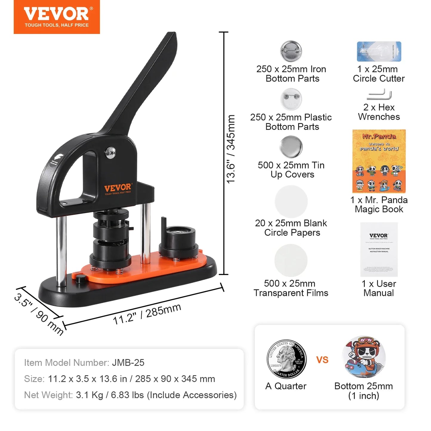 VEVOR Button Maker Machine — 25/32/58mm Pin Maker with Parts, Ergonomic Arc Handle Punch Press Kit