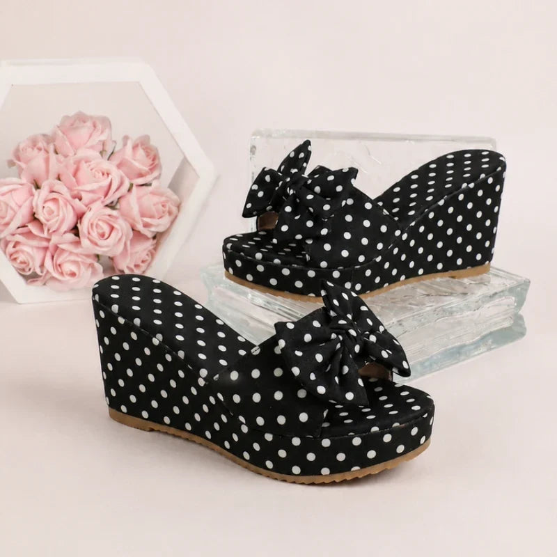 Women's Polka Dot Wedge Sandals - Bow Decor Platform Slides with Ankle Strap