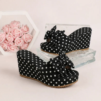 Women's Polka Dot Wedge Sandals - Bow Decor Platform Slides with Ankle Strap