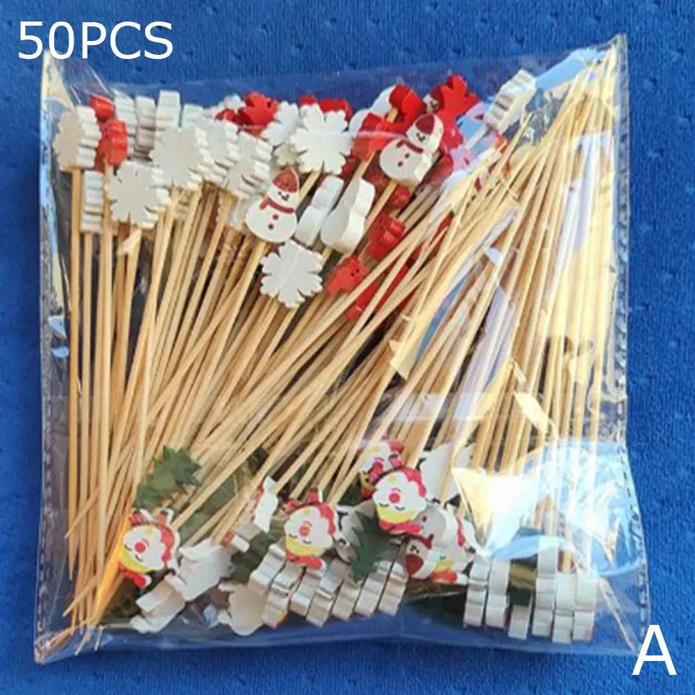 50PCS Christmas Bamboo Cocktail Picks – Santa, Snowflake & Tree Toothpicks for Drinks, Fruits, Desserts & Holiday Party Decorations 2024