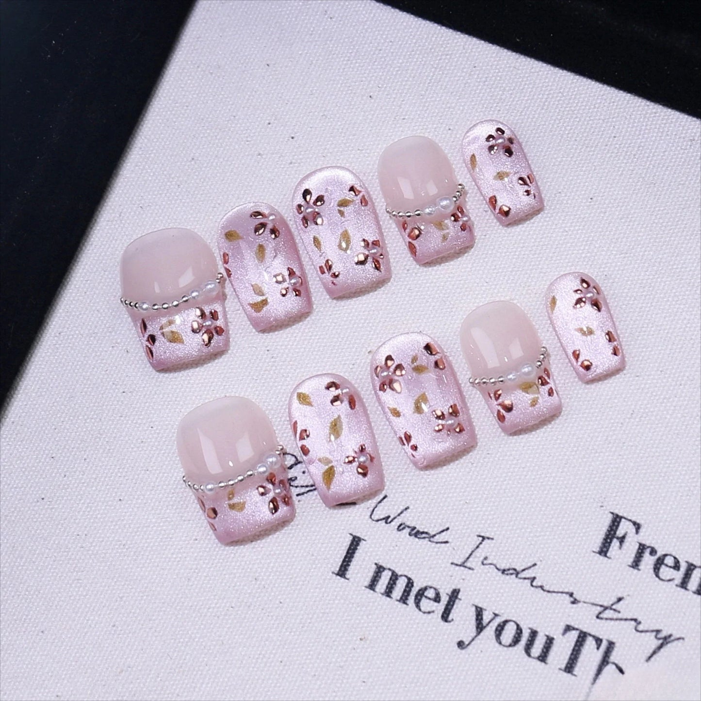 10Pcs Handmade Press-On Nails – Cute Flower & Butterfly Design with Glossy Diamond Full Cover Acrylic Tips