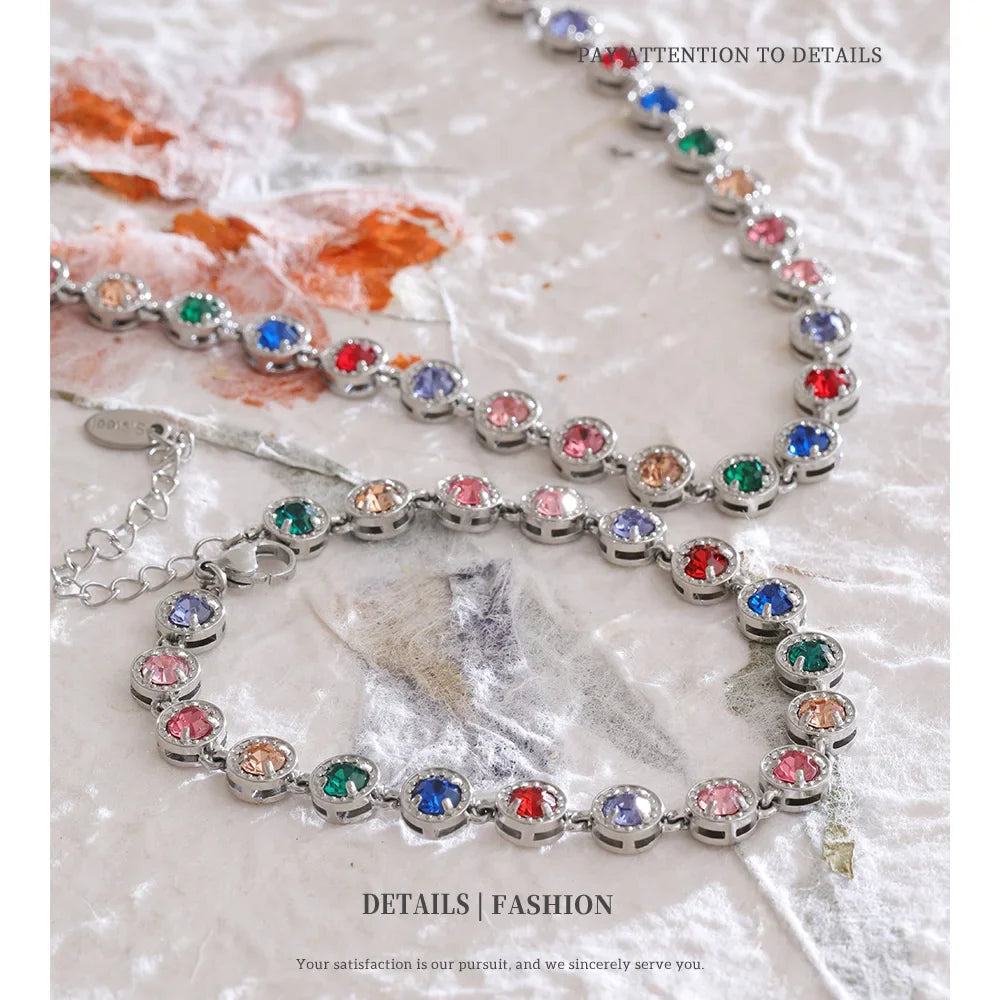 NiNice 316L Stainless Steel Jewelry Set – Colorful Cubic Zirconia Necklace and Bracelet, Exquisite Luxury Fashion Design