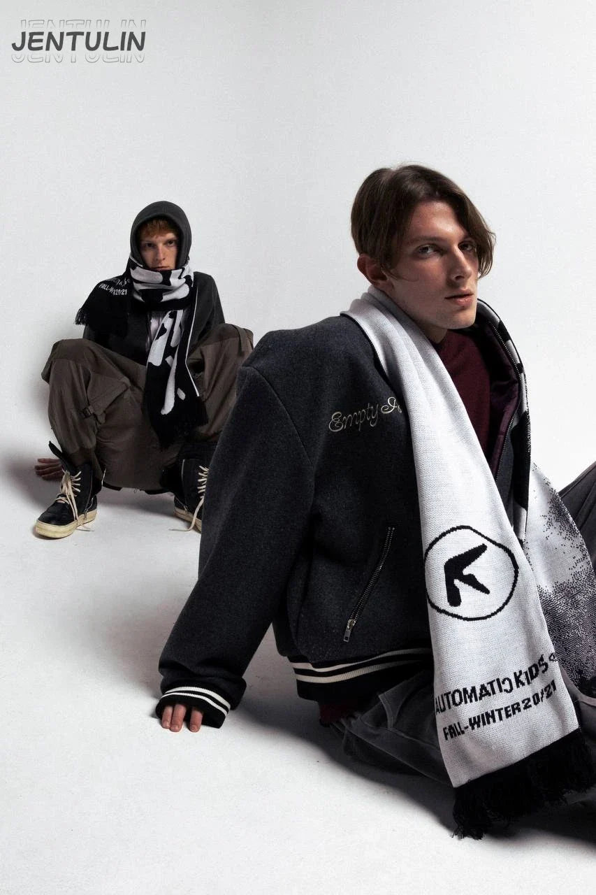 Men’s Y2K Black Knitted Scarf — Aphex Twin Goth Harajuku Streetwear Winter Shawl Unisex