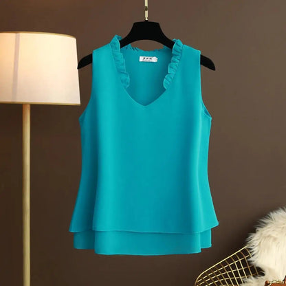 Women's Chiffon V Neck Blouse - Loose Sleeveless Plus Size Fashion Top M-5XL