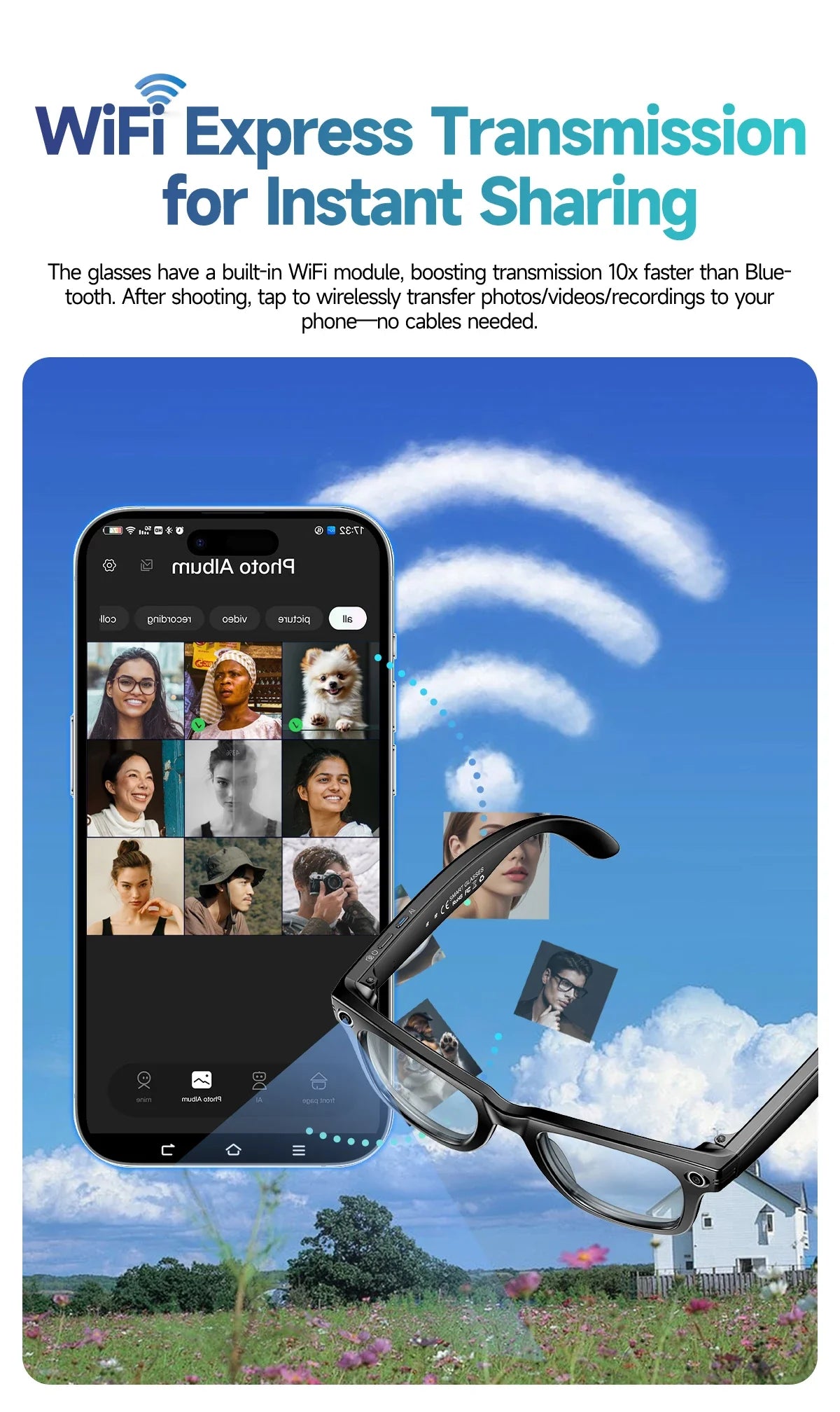 8MP Smart Glasses — AI Photo Recognition, Video Recording, Translation, Bluetooth, IP65 Waterproof, 270mAh Battery