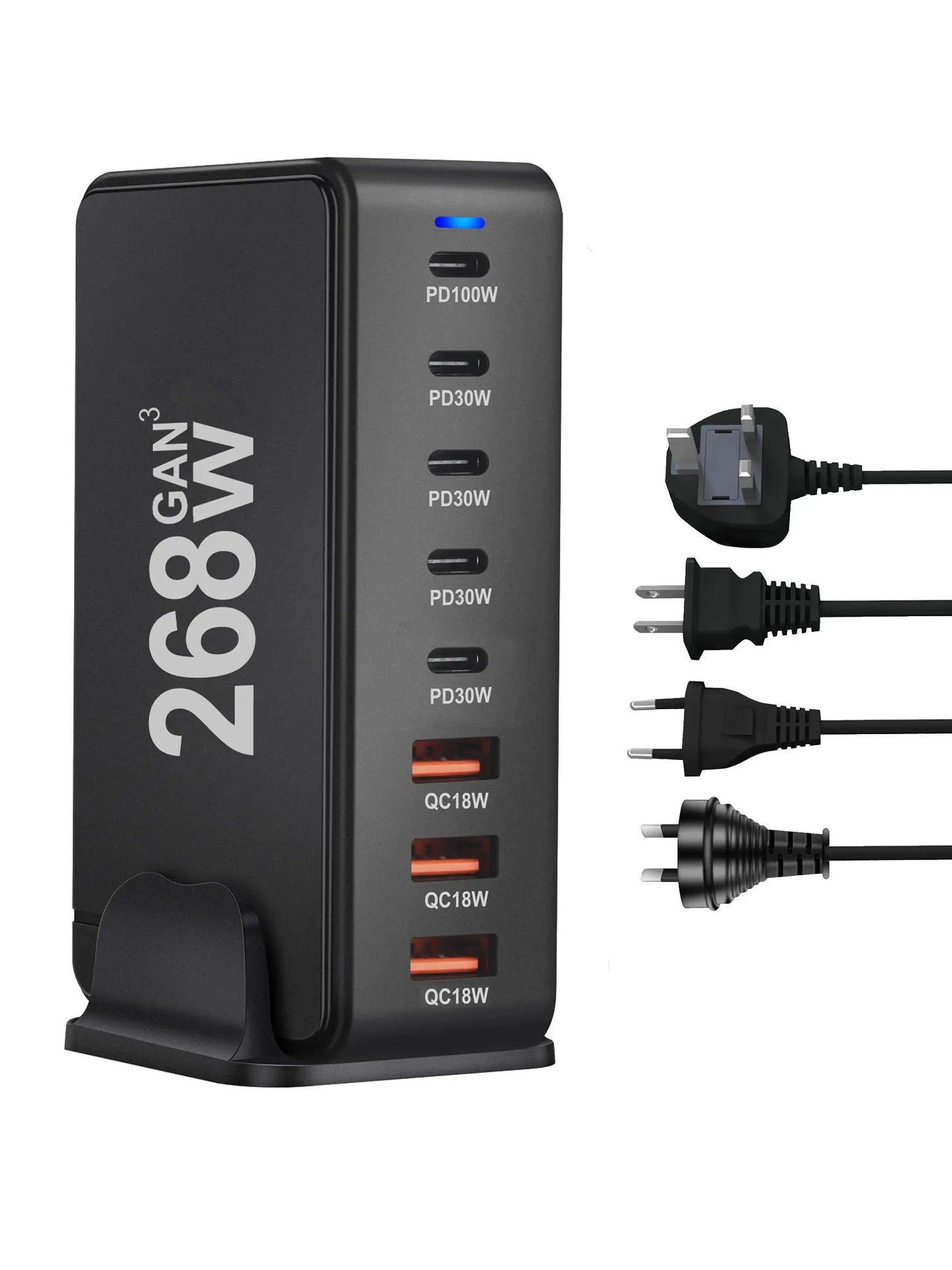 268W Desktop GaN Charger – 8-Port USB Type-C PD Fast Charger with Quick Charge 3.0 for Mobile Devices