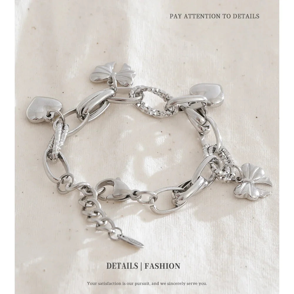 NiNice Stainless Steel Heart & Bow Pendant Bracelet – Romantic DIY Fashion Jewelry Gift for Women, Elegant Trendy Design