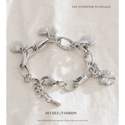 NiNice Stainless Steel Heart & Bow Pendant Bracelet – Romantic DIY Fashion Jewelry Gift for Women, Elegant Trendy Design