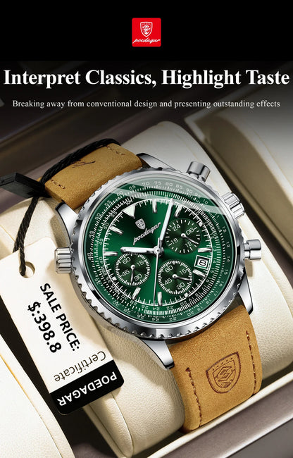 POEDAGAR Luxury Men's Quartz Watch Waterproof Luminous Date Chronograph Leather Military Sports Wristwatch