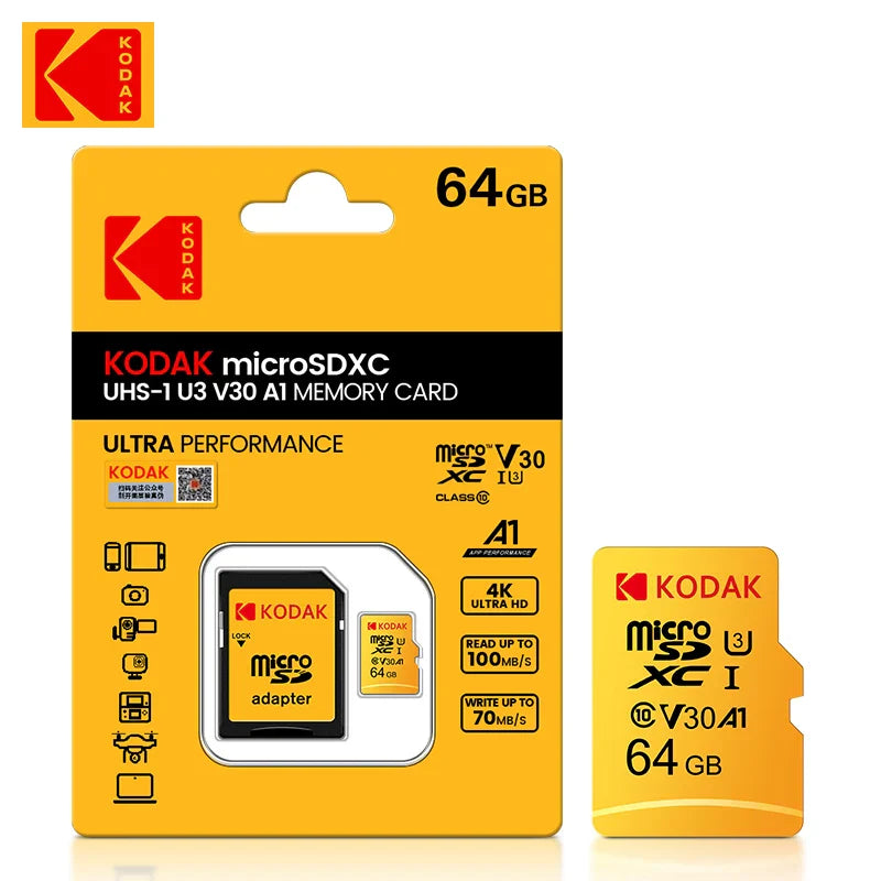 KODAK Micro SD Memory Card – 32GB MicroSDHC & 64GB MicroSDXC with Adapter, Class 10 A1 TF Flash Card