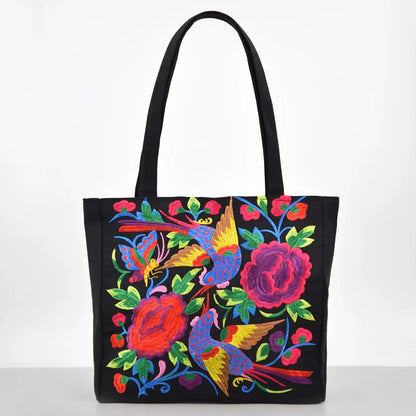 Ethnic Style Flower Embroidery Canvas Tote - Large Capacity Shoulder Bag Handbag for Women