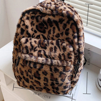 Women's Leopard Plush Backpack - Large Capacity Multi-Pocket Commuter Bag