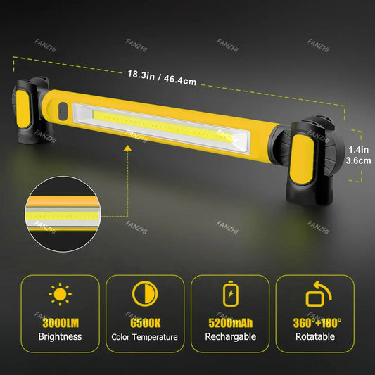 Super Bright Magnetic Work Light - 5200mAh Rechargeable Battery, Underhood Work Lamp Bar for Car Repair and Outdoor Lighting
