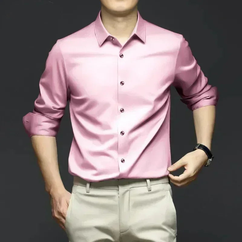 Men’s Luxury White Dress Shirt - Wrinkle-Resistant Ice Silk Glossy Long Sleeve Business Casual Shirt S-6XL