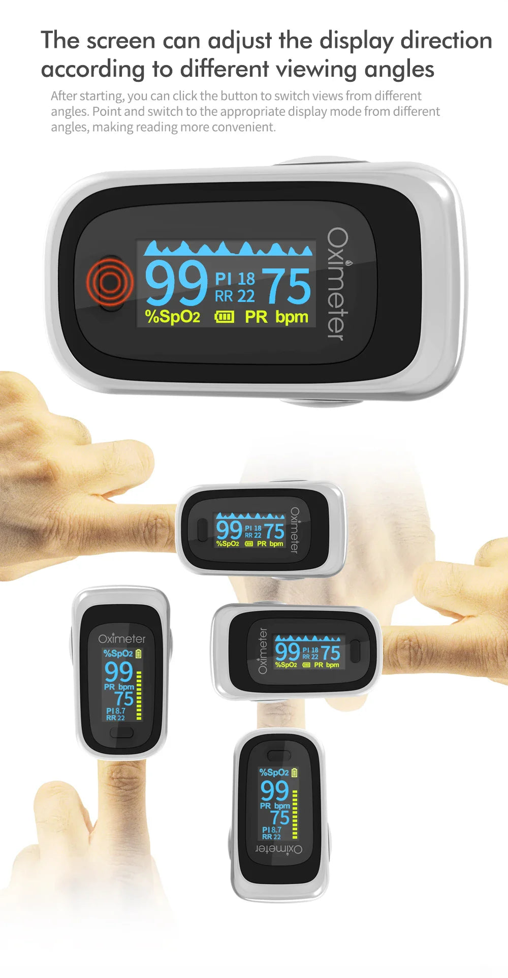 Kiuzou Medical Finger Pulse Oximeter – Portable OLED SPO2, PR, Sleep Monitor, 8-Hour Battery, Blood Oxygen Case