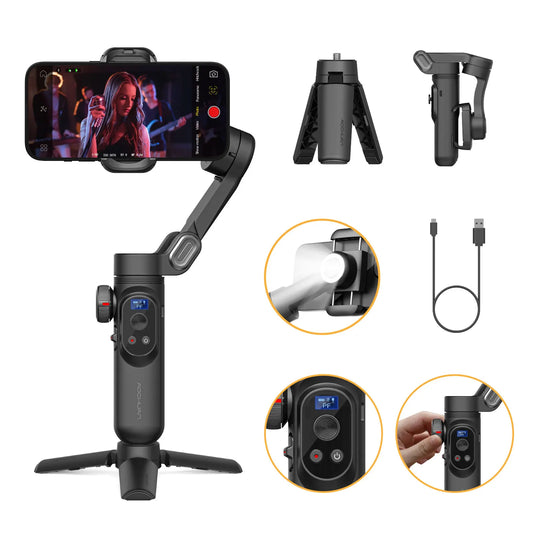 AOCHUAN Smart XPro 3-Axis Gimbal Stabilizer – Smartphone Video Stabilizer for iPhone & Android with Fill Light Effect