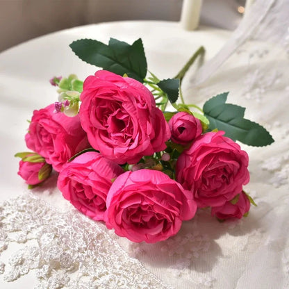 30cm Rose Pink Peony Silk Bouquet Artificial Flower, 5 Big Heads & 4 Small Buds for Wedding & Home Decor
