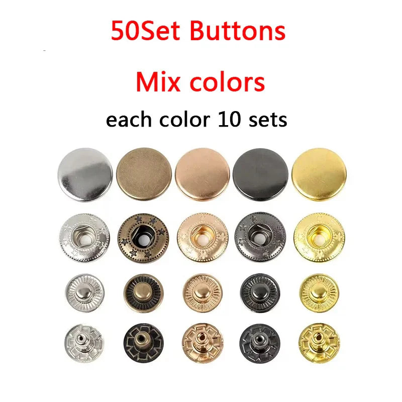 50 Sets Leather Snap Fasteners Kit – 10mm/12mm/15mm Metal Press Studs with 4 Tools for DIY Clothes & Crafts