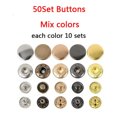 50 Sets Leather Snap Fasteners Kit – 10mm/12mm/15mm Metal Press Studs with 4 Tools for DIY Clothes & Crafts