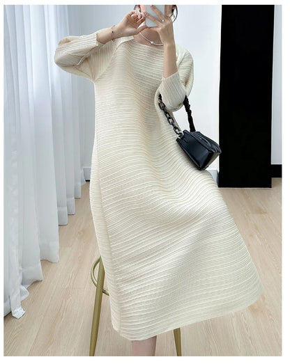 2023 Women's Miyake Pleated Long Dress – Full Sleeve, Round Neck, Korean Fashion, Plus Size Summer Style