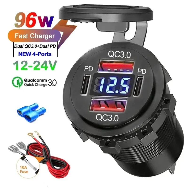 USB Car Charger 12/24V - Dual Socket PD3.0 & QC3.0 Fast Charging Station with LED Voltmeter Switch