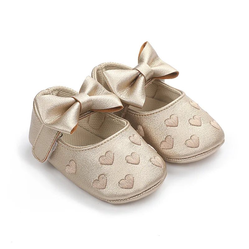 Baby Girls Bow-Knot Heart First Walker Shoes - Soft Anti-Slip Sole Dress Shoes for Infants 0-18M