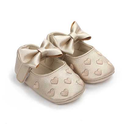 Baby Girls Bow-Knot Heart First Walker Shoes - Soft Anti-Slip Sole Dress Shoes for Infants 0-18M
