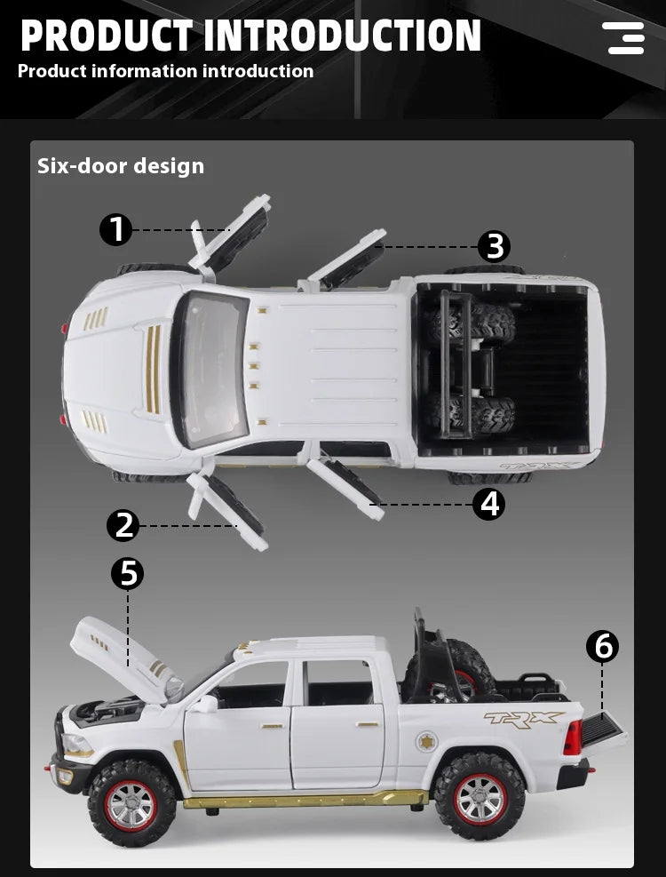 1:32 RAM Pickup Truck Alloy Model – Sound, Light & Spring-Back Action Toy for Kids’ Adventure Play