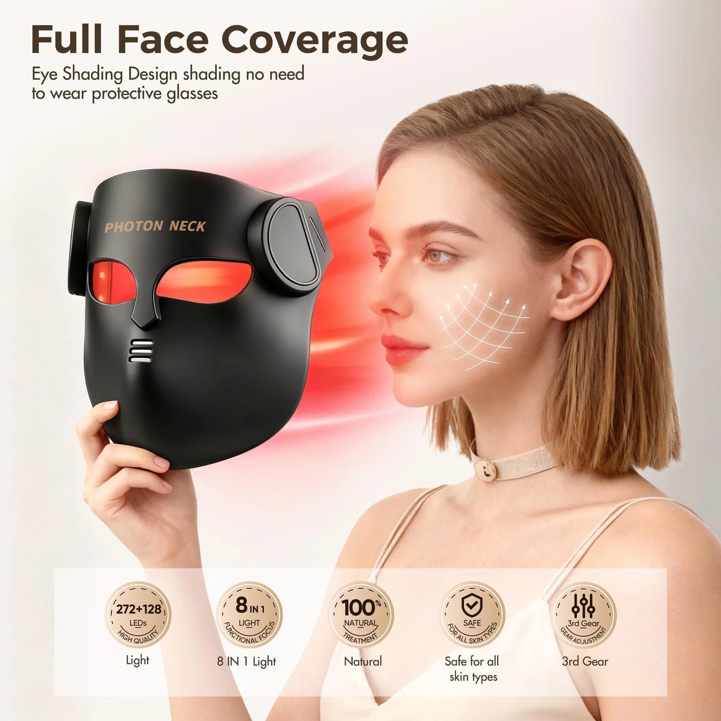 8-Color LED Red Light Therapy Face Mask - Silicone Photon Skincare Mask with Neck Coverage for Wrinkles & Acne