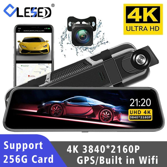 10'' 4K Mirror Dash Cam with GPS & WiFi – Dual Lens Car DVR, IPS Screen, Rearview Streaming Recorder