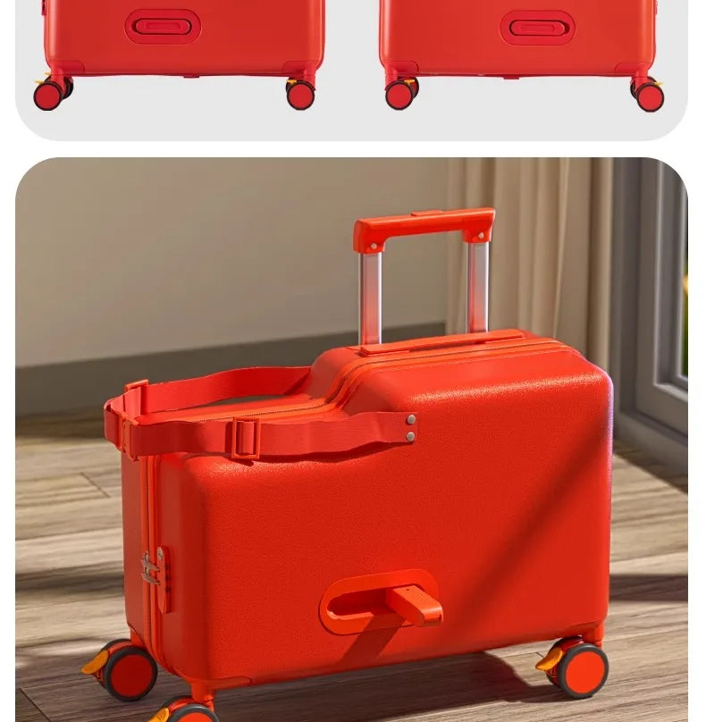 18-Inch Foldable Kids Suitcase with Seat – Lightweight PC Luggage for Boys & Girls, Compact Travel Pedal Boarding Case