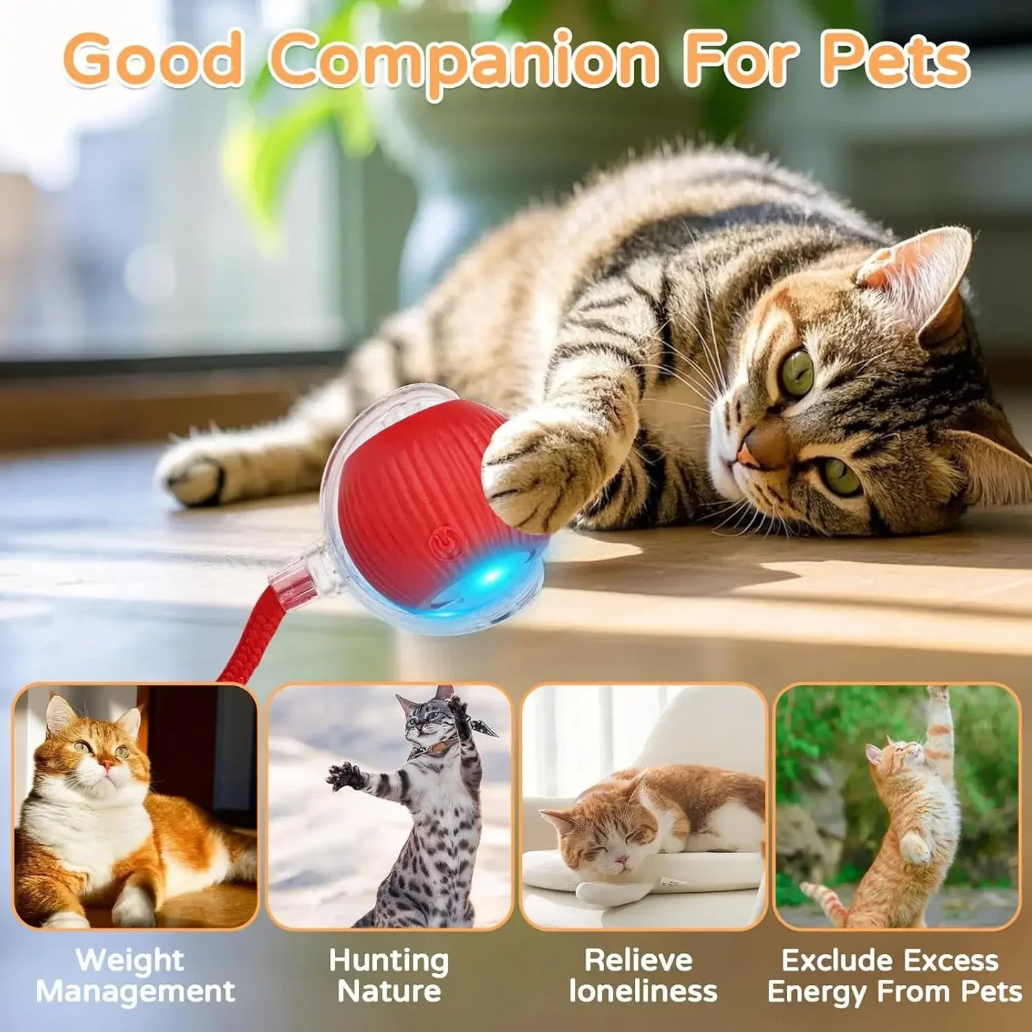 iLMH Smart Cat Interactive Ball Toy - Rechargeable Automatic Rolling Mouse Toy with Faux Tail for Pet Training & Play