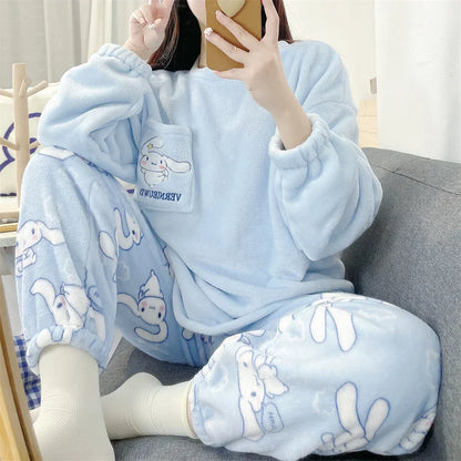 Sanrio Anime Cinnamoroll Pajamas, Kawaii Kuromi and My Melody Flannel Pullover, Coral Velvet Winter Warm Pajamas, Homewear for Girls Gifts