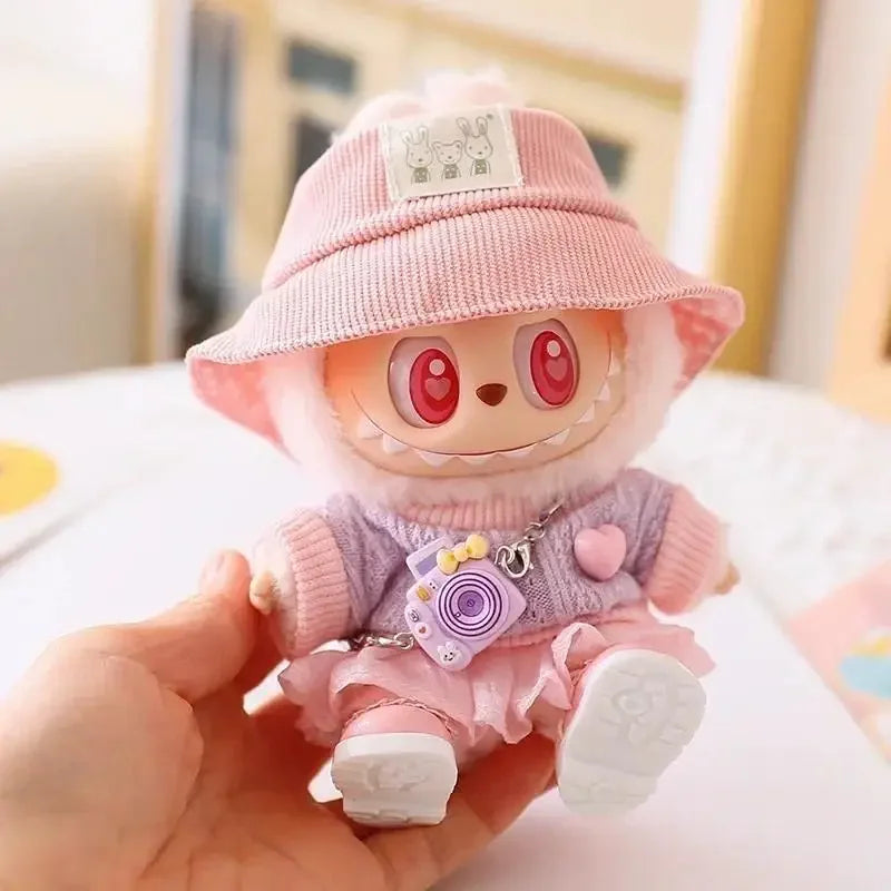 Mini Doll Clothes & Accessories — 15–17cm Labubu & 10cm Cotton Doll Outfit, Pink Hoodie & Yarn Skirt (No Doll)