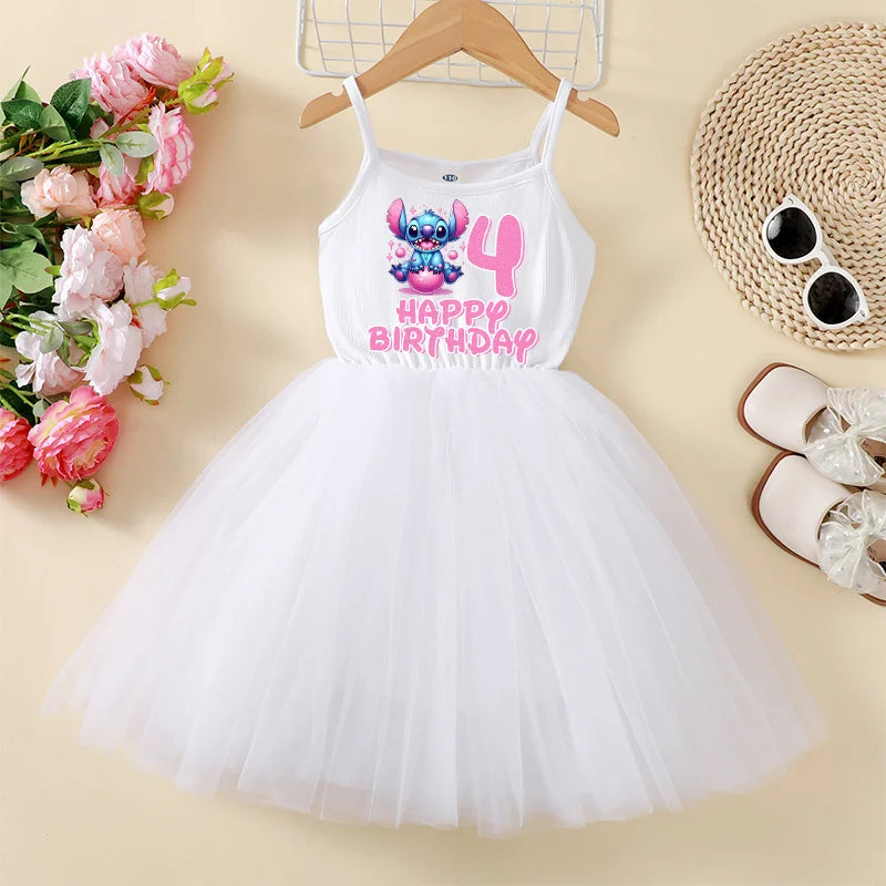 Disney Stitch Baby Girl Tulle Dress — Birthday Number 1-9 Party Skirt, Cute Summer White Dress for Kids