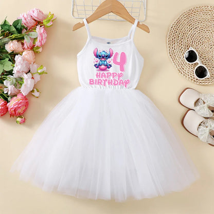 Disney Stitch Baby Girl Tulle Dress — Birthday Number 1-9 Party Skirt, Cute Summer White Dress for Kids
