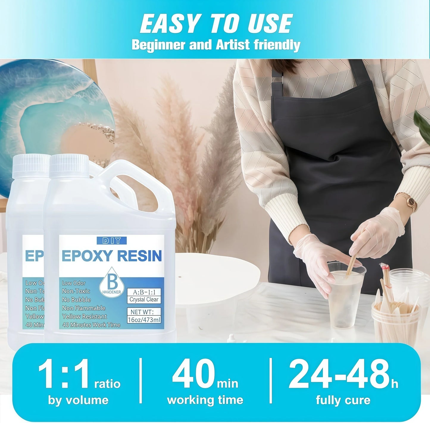 Crystal Clear Bubble-Free Epoxy Resin Kit with Pumps for DIY Crafts, Art, Molds & Casting with Hardener Set