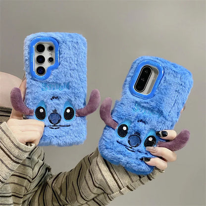 Cute Cartoon Stitch Plush Phone Case with Lens Holder – Shockproof Cover for Samsung Galaxy S23/S24/S25 Plus Ultra A56